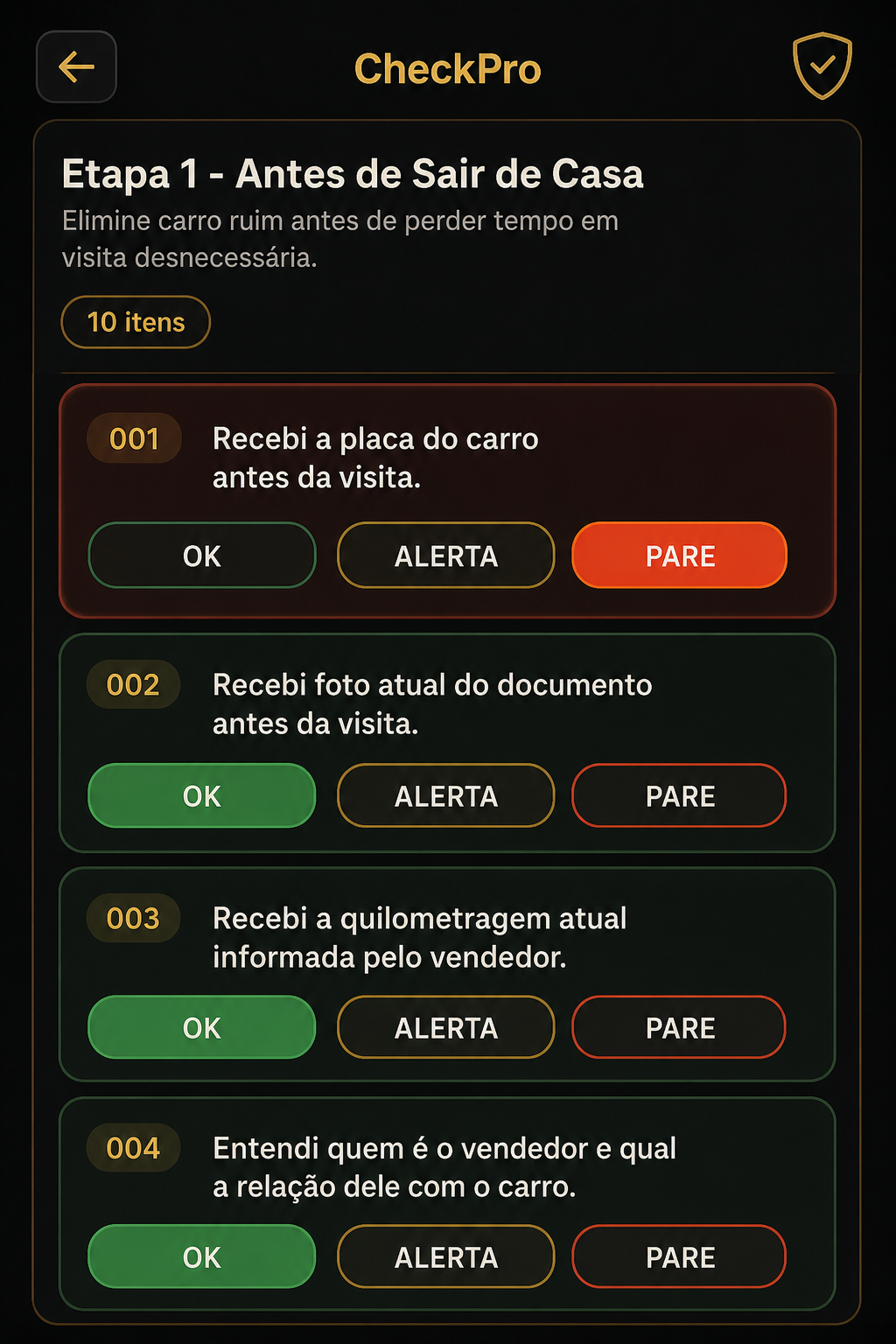 Tela do CheckPro com itens de vistoria e botões OK, ALERTA e PARE