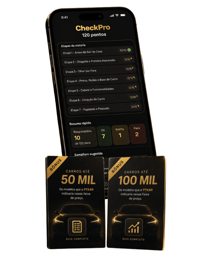 Mockup da oferta CheckPro com bônus de carros até 50 mil e até 100 mil